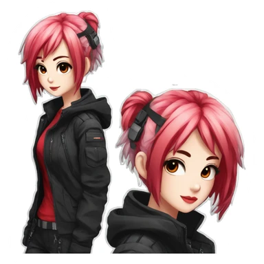 Gorgeous techwear anime style lady with blushing face aesthetic and pretty edgy black red punk hair with hair garment trending style sticker