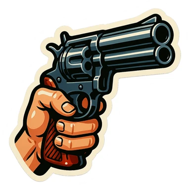 male hand holding a double-barreled revolver, retro stickers style, sharp black outlines, expressive shadows and highlights, no gradients, only sharp color transitions sticker