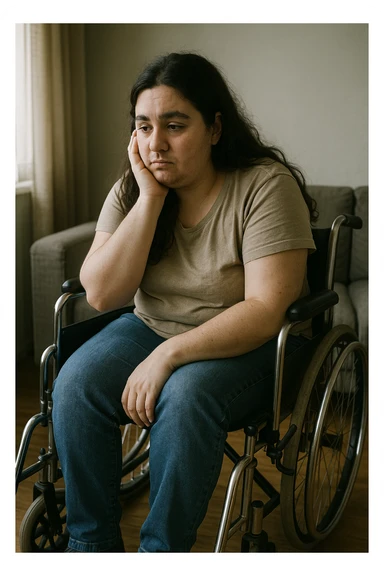 Donna con problemi difficoltà  nella mobilità che si isola a causa della sua PCOS, immagine realistica sticker