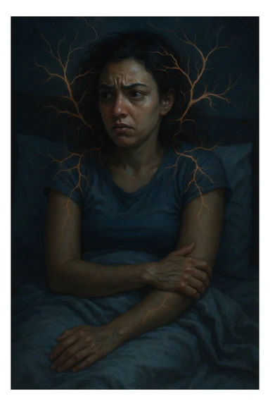 realistic and cinematic vertical illustration of a woman with PCOS in bed, agitated and insomniac, with symbols of nervous system imbalance, nighttime atmosphere, very few writings, 2:3 aspect ratio sticker