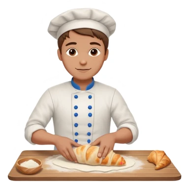 Young male baker – rolling croissant dough on a wooden table, flour on clothes

 sticker