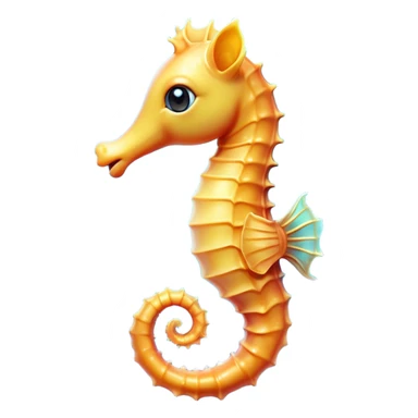 Cinematic Cute Sea Horse Portrait Emoji, Head tilted playfully and inquisitively, featuring a charming, slender form with a delicately curved body and a whimsical, curled tail, accented by round, sparkling eyes full of gentle wonder, Simplified yet irresistibly adorable features, highly detailed, glowing with a warm, inviting aquatic glow, high shine, affectionate and lively, stylized with a touch of enchanting marine charm, soft glowing outline, capturing the essence of a mischievous yet loving sea horse that seems as if it could float out of the screen into your arms! sticker