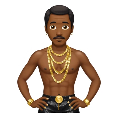 Ike Turner with black sequin baggy pants, shirtless with necklace sticker