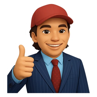 Create a 50% realistic emoji of a smiling man in a pinstripe suit and red cap, giving a thumbs up. The style should blend emoji and realism with a clear stylized look and some realistic details. Transparent background. sticker