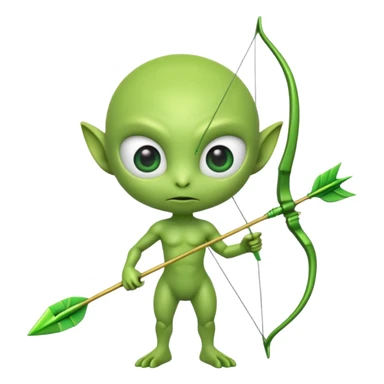 3D emoji-style green alien holding a bow and arrow, glossy texture, smooth skin, large expressive eyes, small humanoid body, minimalist background, soft lighting, Pixar-style rendering, high detail, cute but slightly serious expression, clean centered composition. sticker