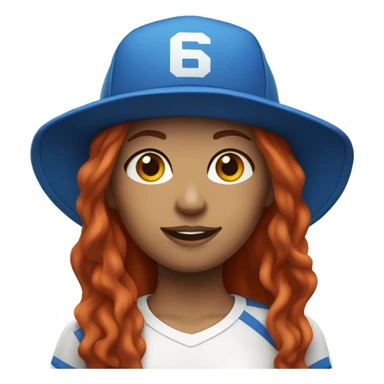 front facing standing female coach with long red hair, wearing a white t-shirt and a simple blue hat sticker