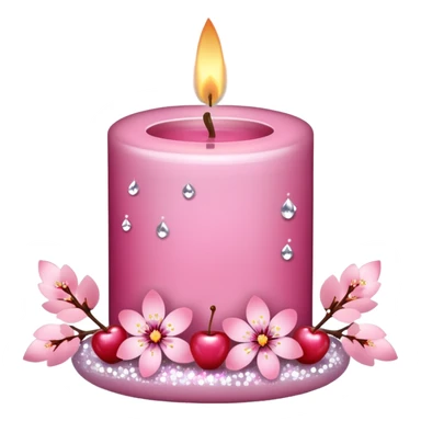 A pink Sakura candle with Sakura petals, flowers, cherries, sparkles, glitters, white branches sticker