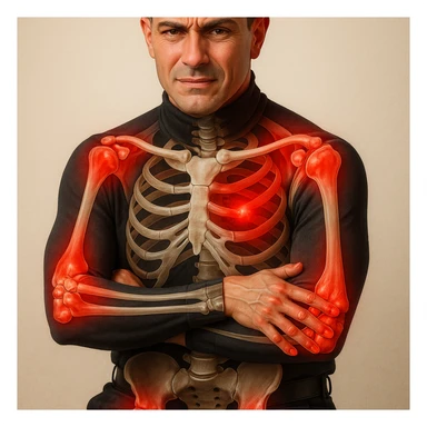 Create a series of 5 vertical images of a man (reference photo) with widespread joint pain, highlighting inflammation with an anatomical view. Show red zones on the joints, medical style, anatomical details, hyperrealism, variation 2. sticker