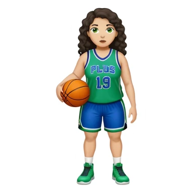 full body plus size light skin latino women basketball player with wavy dark hair large wide nose wearing blue with green uniform sticker