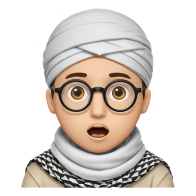 A person with light skin tone, wearing a traditional white keffiyeh with a black agal, large brown eyes, round glasses, and an open mouth showing a surprised or shocked expression. sticker