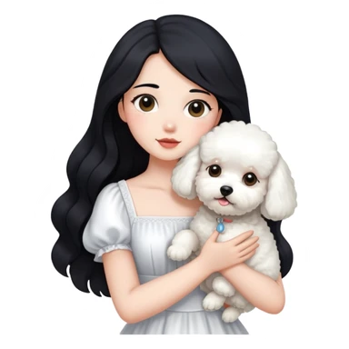 A beautiful girl with long black hair wearing a white dress holds a small white Bichon Frise in her arms sticker