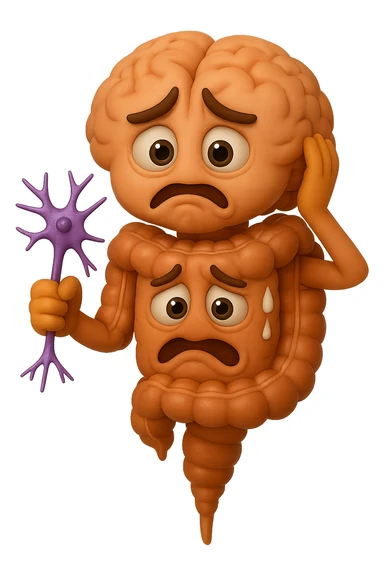 EMOJI STILE IPHONE DI UN INTESTINO collegato verticalmente ad un cervello mentre tiene in mano un neurone, espressione stressata, IPERREALISTICO 4K sticker