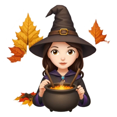 Pretty Brunette Witch outside with a cauldron with autumn leaves on trees  sticker