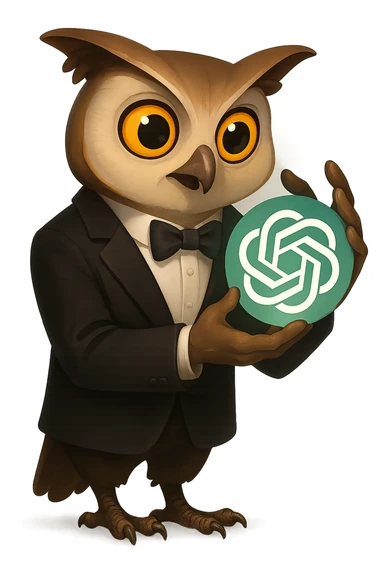 Сова в костюме восхищенно держит в руках логотип GPT, будто это череп из Гамлета в духе "Быть или не быть, вот в чем вопрос", прозрачный фон sticker