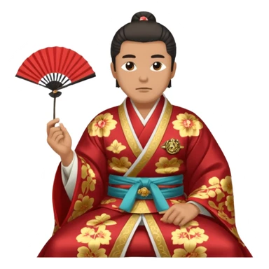 Wealthy warlord in ornate kimono, crest on chest, seated with fan in hand. sticker