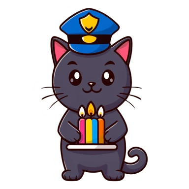 black cat police chief blowing out birthday candles, wearing birthday hat, happy expression, cartoon style, suitable for emoji sticker sticker