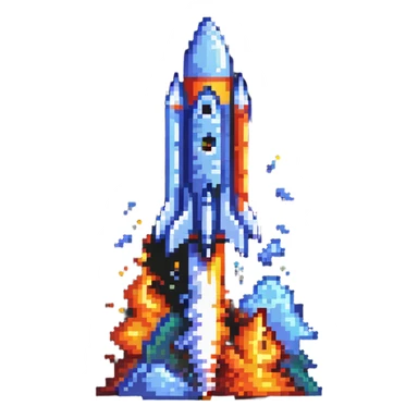 A pixel art rocket launching upward with fire and smoke trail sticker