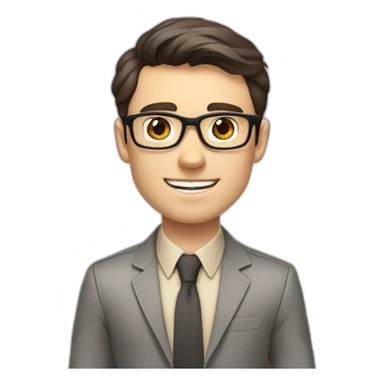 Pale skinned fit man with dark brown hair in gray jacket, beige office shirt, brown tie, brown pants and vintage glasses Writing on the marker board sticker