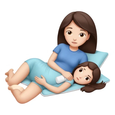  a brunette girl lying down on her side, holding a warm heating pad against her lower belly. She's uncomfortable and sad, her posture should show she’s having menstrual cramps. Use simple lines, rounded shapes, soft colors, and a clean emoji aesthetic. Make it expressive but still adorable sticker