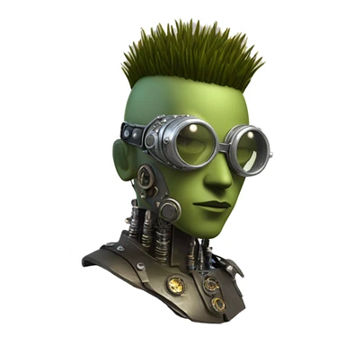 Olive green mohawk cyborg head with silver steampunk goggles, goatee and circuits sticker