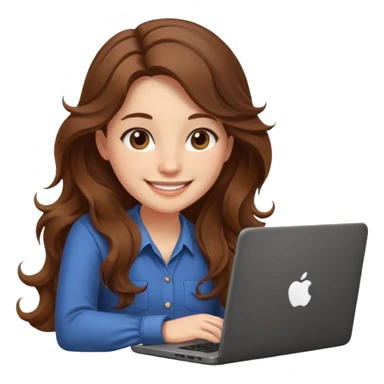Sitting in front of a laptop in the style of a cute female developer. Not wearing glasses, smiling with long hair waves. Early 20s
 sticker