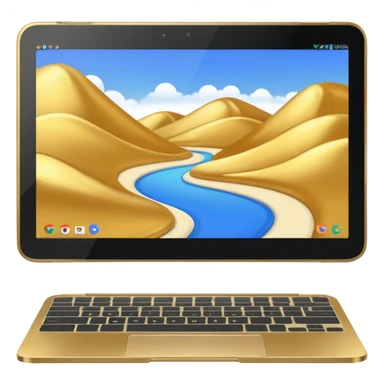 Golden Chromebook with a Touchpad and the Google app open on the screen. sticker