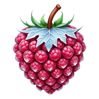 frozen raspberry single or small cluster, deep red to pink, covered in fine frosty ice crystals, matte textured surface, plump and intact, visible frozen detail, clean 3D rendering, soft lighting, subtle shadows, transparent background, emoji scale, optimized for clarity and frosty freshness sticker