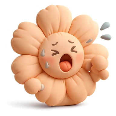 soft peach cosmos flower with a flushed, panting face doing exercise, sweat flying off in exaggerated style, gentle pastel palette, cushion style sticker
