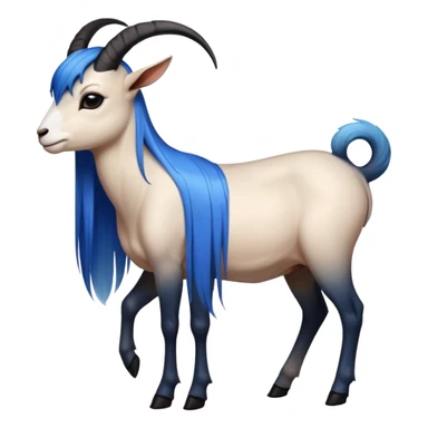 Art of woman's very sexy body scheme anatomy-very long straight black to blue hair ombre-left side view-small goat horns sticker