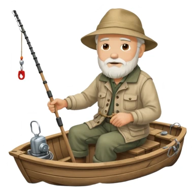 an old white haired, bearded man in fisherman attire, sat in a big boat on the ocean, casting a fishing line into the water sticker
