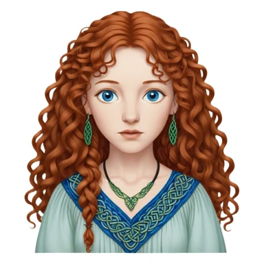 a detailed portrait of loreena mckennitt, focusing on her upper half. she has long, curly auburn hair, fair skin, and piercing blue eyes. wearing a flowing blouse with Celtic-inspired embroidery, highlights her serene and contemplative expression sticker