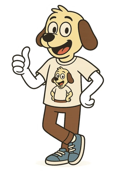 A boy dog mascot logo t-shirts brown trousers blue vans shoe  sticker