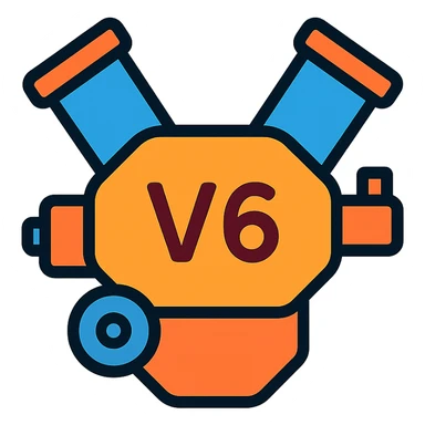 stylized 6-cylinder engine with 'V6' label, modern icon style, no background, minimalistic and clear sticker