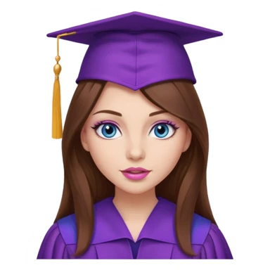girl with gorgeous long brown hair, blue eyes, long lashes makeup, sexy pink lips, wearing a purple graduation cap and gown sticker
