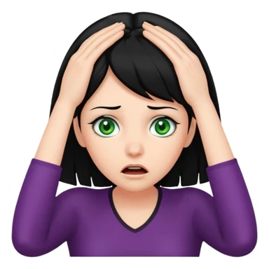 A realistic waist-up portrait of a frightened woman with her hands on her head, black hair and green eyes sticker