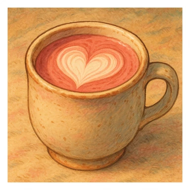 a pink mocha in a cozy mug with heart latte art, cute and inviting, in Ghibli style sticker