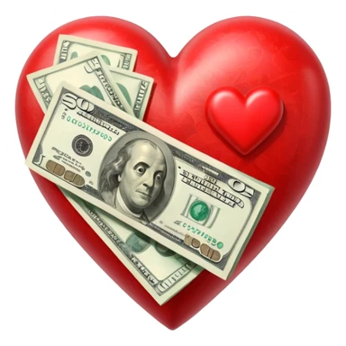 "Realistic HD red heart fused with money, cash integrated into the heart, glossy texture, clean white background." sticker