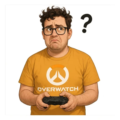 a playful Overwatch fan who rarely plays, holding a controller but looking confused sticker