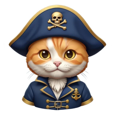 Premium 3D emoji icon of a cute ginger cat pirate, wearing a **deep navy blue** velvet pirate hat with a silver skull icon, and a black and gold captain's jacket. Glossy finish, claymorphism style, soft studio lighting, isolated on white background, 8k resolution, stylized professional look --v 6.0 sticker
