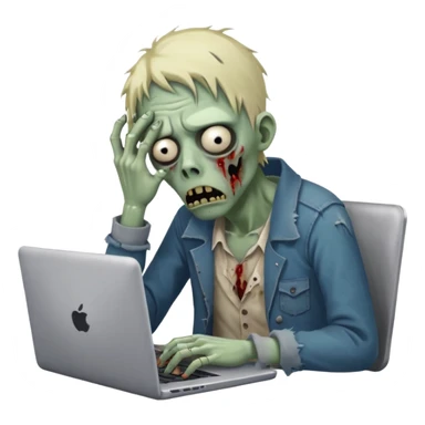 A tired sad zombie behind a laptop sticker