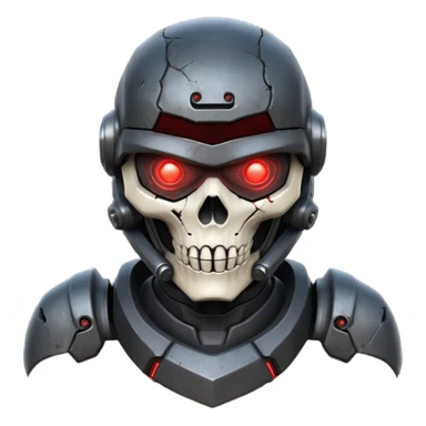 futuristic war robot portrait, head and shoulders only, skull-inspired helmet, glowing red eyes, cracked metal face, dark armor collar, battle scars, dramatic lighting, 3D cartoon, mobile game icon style, clean background, no text, no watermark
 sticker