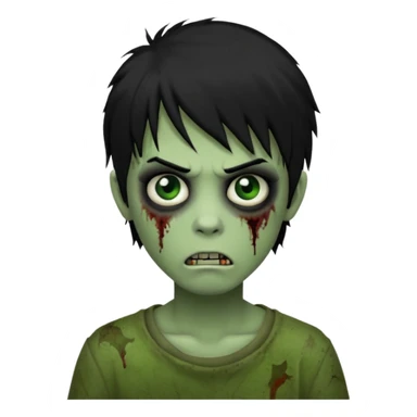 Boy, zombie, black hair, medium long, emo, shaggy, dark, spooky, creepy expression, green skin sticker
