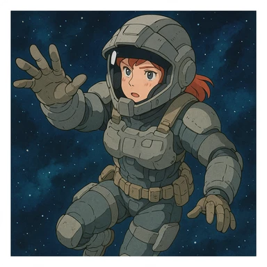 female space warrior in a strengthened helmet with a black visor, tactical armor, floating in zero gravity, reaching forward, EVA operation, in Ghibli style sticker