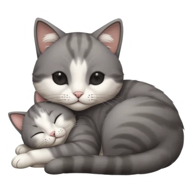 dark grey and white small cat with his eyes closed leaning his head on his paw while leaning on his elbow lying down sticker