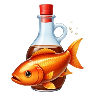 a bottle of fish sauce with a fish swimming on the tag, fish sauce is pouring out of the bottole sticker