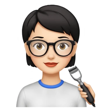 Happy woman with very short hair and glasses having haircut sticker