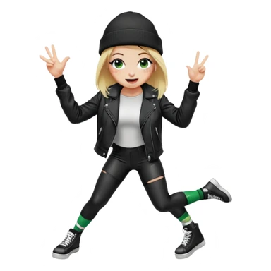 iPhone emoji style girl, blonde hair, black beanie, green eyes, freckles, winking, tongue out. Wearing black leather jacket, black leggings, big boobs, long white socks. Right hand doing "OK" sign. Full body, playful skater vibe, transparent background. Big boobs sticker