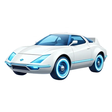 Futuristic retro hover white car with sharp angular design and glowing blue wheels, front view, flat vector style, minimal color palette with subtle blue highlights sticker
