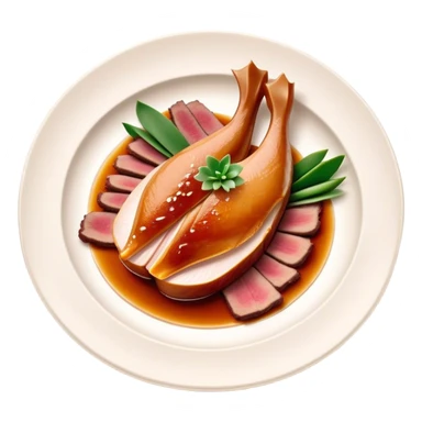 Peking Duck Cinematic Realistic Peking Duck Dish Emoji, depicted as thinly sliced duck breast with crispy skin and succulent meat, rendered with vivid textures and dynamic, appetizing lighting. sticker