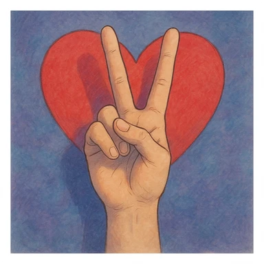realistic hand making a peace sign, mostly purple and blue, with a red heart in the background, ghibli style sticker